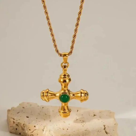 Green Onyx 18KGold Plated Stainless Steel Waterproof  Stone Cross Necklace - Picture 1 of 16